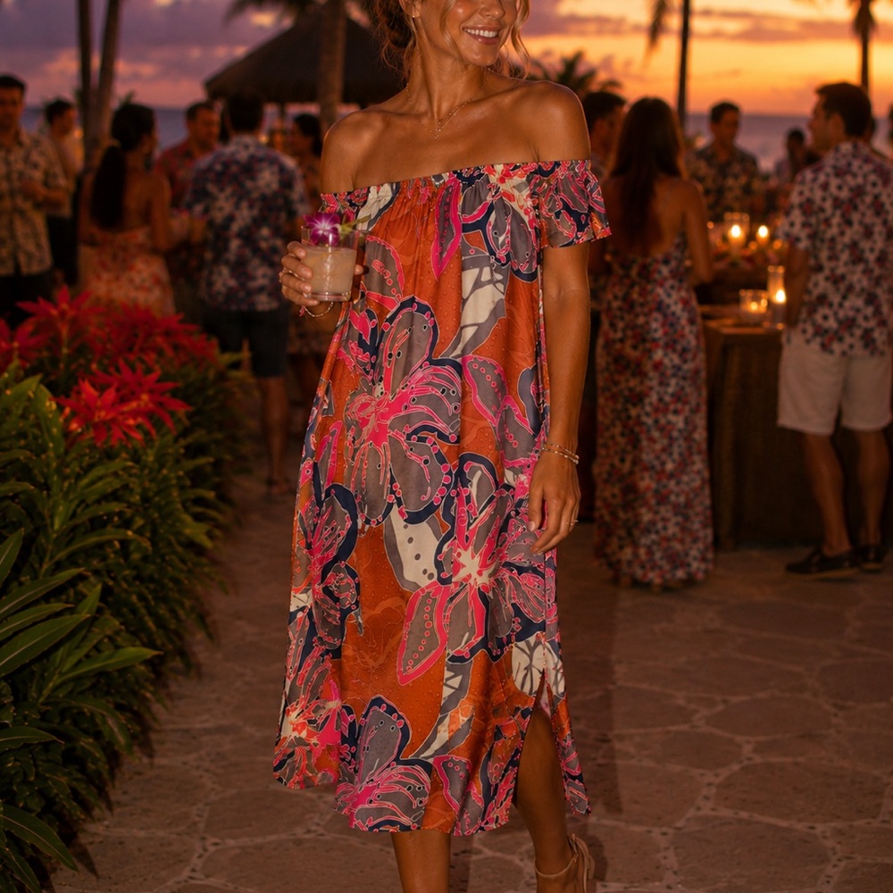 Manuhealii Orange Floral Off-Shoulder Midi Dress